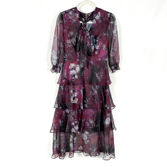 Marchesa Floral‎ Chiffon Tiered Midi Dress - Picture 5 of 13